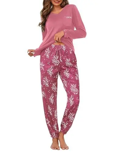 Produktbild: Jahetuul Schlafanzug Damen Langarm Pyjama Baumwolle lang Nachtwäsche Pyjamas Set Baumwolle Lounge Schlafanzüge Pyjamahose mit Bündchen