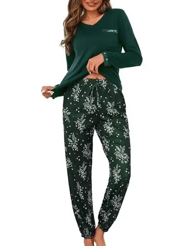 Produktbild: Jahetuul Schlafanzug Damen Langarm Pyjama Baumwolle lang Nachtwäsche Pyjamas Set Baumwolle Lounge Set Schlafanzüge für Damen Pyjamahose mit Bündchen