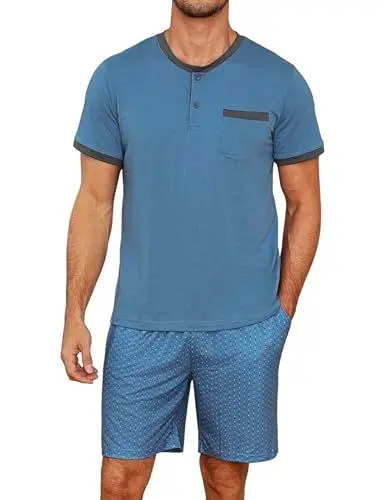 Produktbild: Jahetuul Schlafanzug Herren kurz Pyjama Herren Sommer Rundhals Schlafanzüge für Herren Knopf Pyjamashort Jungen Nachtwäsche Männer Kurzarm Punktmuster