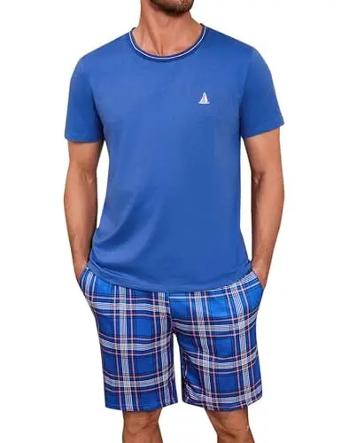 Produktbild: Jahetuul Schlafanzug Herren kurz Schlafhose Karomuster Pyjama Herren Sommer Rundhals Schlafanzüge für Herren Pyjamashort Jungen Nachtwäsche Männer