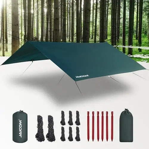 Produktbild: JAICOM Tarp Wasserdicht - 3x3M Camping Zeltplane, Ultraleicht und Tragbar, UV-Schutz & Schnee & Regen, Mit Ösen, Nylonseile, Aluminiumstifte, für Hängematten, Outdoor-Aktivitäten, Terrassen