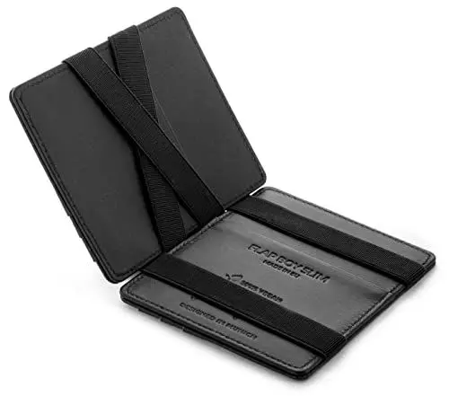 Produktbild: Jaimie Jacobs Flap Boy Slim ohne Münzfach Magic Wallet integrierter RFID Schutz Magischer Geldbeutel Echtleder (Vegan Schwarz)
