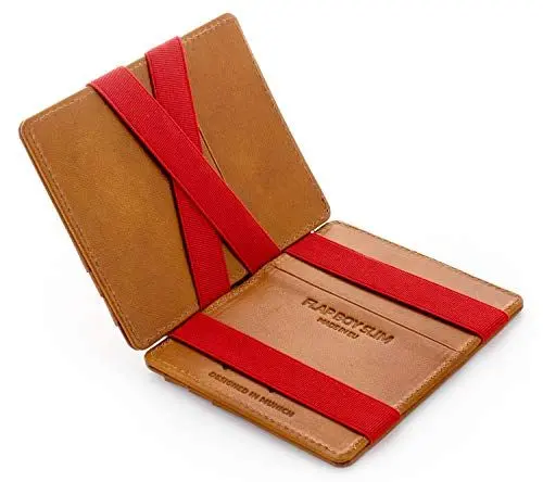 Produktbild: Jaimie Jacobs Flap Boy Slim ohne Münzfach Magic Wallet integrierter RFID Schutz Magischer Geldbeutel Echtleder (Cognac mit Rot)