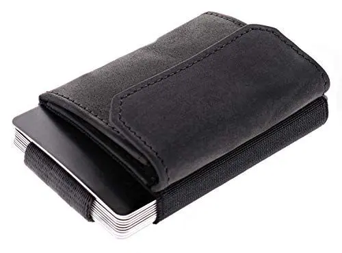Produktbild: Jaimie Jacobs Minimalist Wallet Nano Boy Pocket Mini Geldbörse aus Textil mit Zugband schmaler Kartenhalter für Herren und Damen (Büffelleder Schwarz)