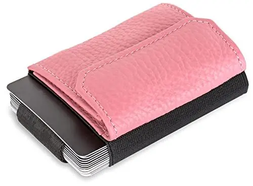 Produktbild: Jaimie Jacobs Minimalist Wallet Nano Boy Pocket Mini Geldbörse aus Textil mit Zugband schmaler Kartenhalter für Herren und Damen (Genarbtes Leder Rosa)
