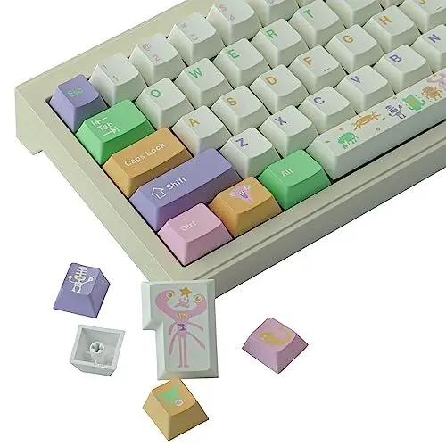 Produktbild: JakeTsai PBT-Tastenkappen, 143-Tasten-gefärbtes Sublimations-Kirsch-Profil Tastenkappen-Set für Cherry MX Schalter ISO/ANSI-Layout Mechanische Tastaturen
