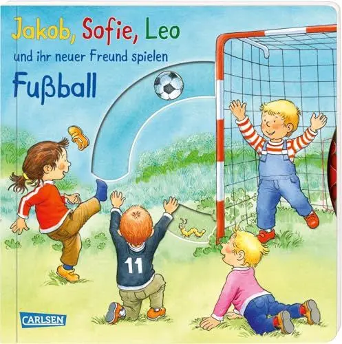 Produktbild: Jakob, Sofie, Leo und ihr neuer Freund spielen Fußball: Pappbilderbuch mit Drehscheibe und Klappen ab 2 Jahren