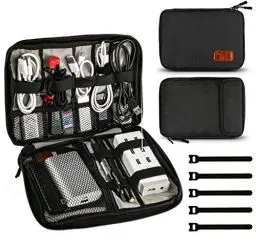 Produktbild: JamBer Universal Travel Kabel Organizer Tasche Reise Kabeltasche Organizer Zur Aufbewahrung von USB Kabel, Powerbank, SD Karte, USB Stick Kabeltasche mit 5 x Kabelbinder (Schwarz)