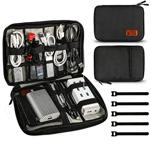 Produktbild: JamBer Universal Travel Kabel Organizer Tasche Reise Kabeltasche Organizer Zur Aufbewahrung von USB Kabel, Powerbank, SD Karte, USB Stick Kabeltasche mit 5 x Kabelbinder (Schwarz)