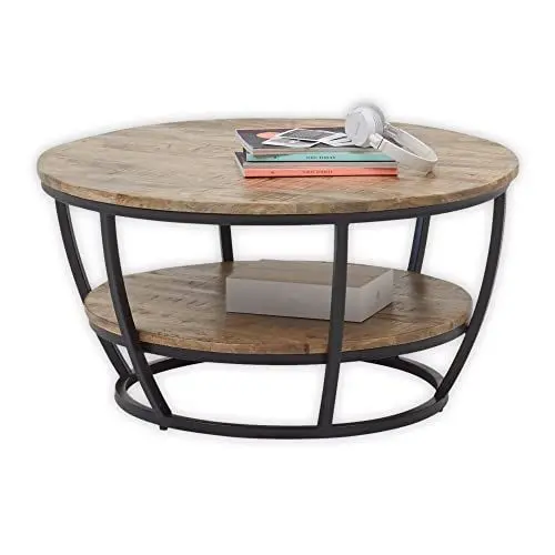 Produktbild: JAMBI Couchtisch Massivholz Mango rund - Hochwertiger Sofatisch mit schwarzem Metallgestell - 86,5 x 44 x 86,5 cm (B/H/T)