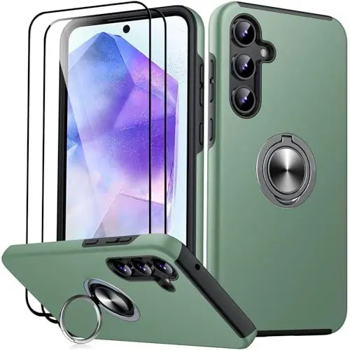 Produktbild: JAME für Samsung Galaxy A55 5G Hülle mit 2 Stück Panzerglas, Militärschutz Stoßfester Schutz Samsung A55 5G Hülle mit 360° Magnetischer Ring Kickstand Handyhülle für Samsung A55, Alpengrün