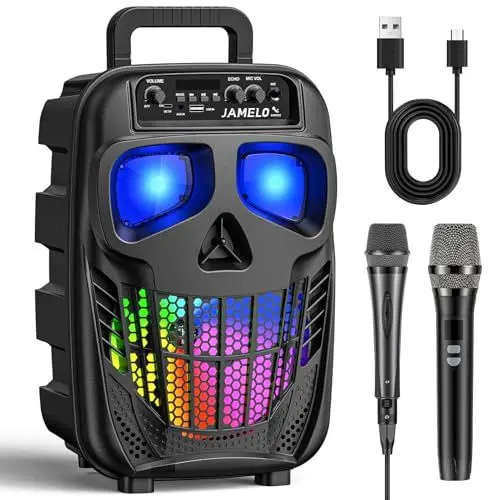 Produktbild: JAMELO Karaoke Tragbare Systeme mit 2 Mikrofonen, Bluetooth Lautsprecher mit Lichteffekte, PA-System Unterstütz USB/AUX, Kind/Erwachsene, Karaoke Maschine Party//Hochzeit/KTV/Kirche