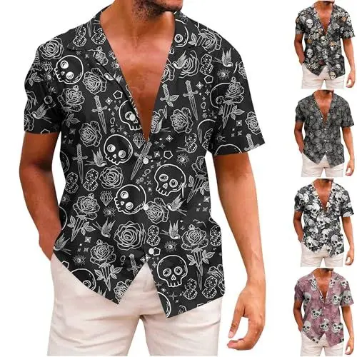 Produktbild: Jamicy Hawaii Hemd Männer Strand Hemden Sommer Kurzarmhemd Totenkopf Streetwear Tshirt Tops Y2K Clothes Sale Oberteile Baumwolle Kleidung Teenager Jungen Wandershirt Warehouse Deal Schädel XXL