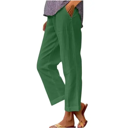 Produktbild: Jamicy Hose Damen Sommer Freizeit Leinenhose Lang Locker Sommerhose Baumwolle Gerades Bein Leinenhose Casual Einfarbig Bequeme Stoffhose Leicht Strandhose mit Taschen Sale Angebote Armeegrün L