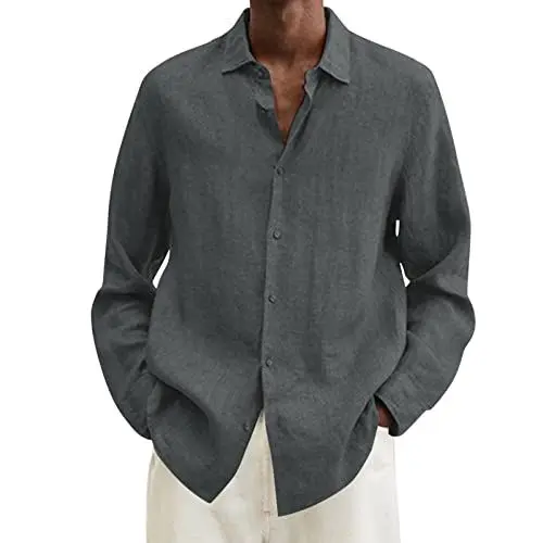 Produktbild: UHouse Leinenhemd Herren Langarm Musselin Hemd Baumwolle Leinen Freizeithemd Mode Oversize Herrenhemd Freizeit Leichte Sommerhemd Hawaii Strandhemd Lässig Fischerhemd Blitzangebote Dunkelgrau 3XL