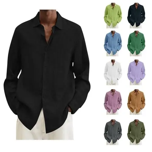 Produktbild: Jamicy Leinenhemd Herren Langarm Hemd Baumwolle Freizeithemd Männer Langarmshirt Casual Businesshemd Einfarbig Leinen Shirt Basic Langarmhemd Regular Fit Warehouse Deal Schwarz 5XL
