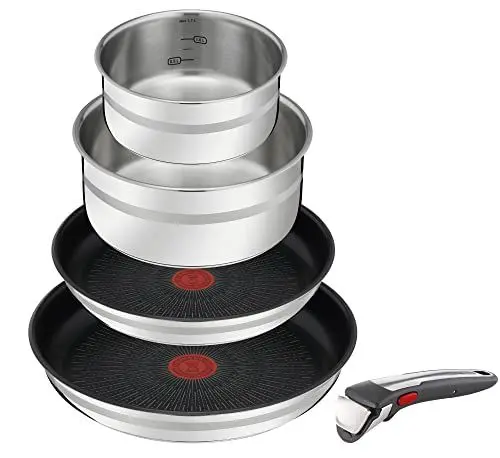 Produktbild: Jamie Oliver by Tefal Ingenio 5-teiliges Topf und Pfannenset abnehmbarer Griff, stapelbar, platzsparend, Topfset Induktion mit Antihaftversiegelung, einfache Handhabung und Reinigung, L97696