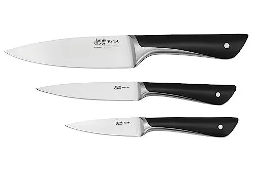 Produktbild: Tefal Jamie Oliver by K267S3 3-teiliges Messerset, Kochmesser, Universalmesser, Schälmesser, hohe Schneideleistung, unverwechselbares Design, widerstandsfähige Klingen, Edelstahl, schwarz