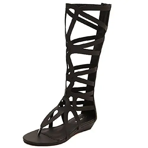 Produktbild: Jamron Damen Knie Hoch Römische Gladiator Sandalen Nieten Besetzt Riemchensandalen Reißverschluss Zehensandalen Schwarz SN602C027 EU37