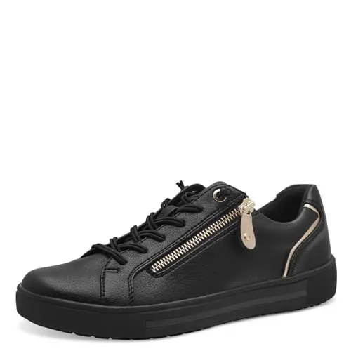 Produktbild: Jana Damen Sneaker flach mit Reißverschluss Vegan, Schwarz (Black/Gold), 39 EU