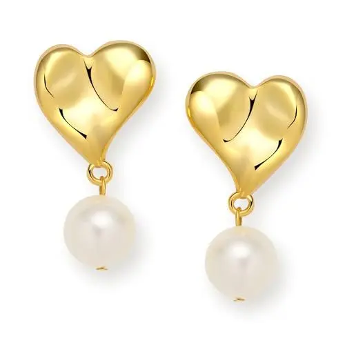 Produktbild: JANDY SHINE Damen Ohrringe mit Perlen, 925er Silber, unregelmäßige Herzanhänger, 18K Vergoldet, Hypoallergen