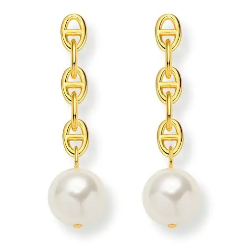 Produktbild: JANDY SHINE Damen Perlenohrringe mit Kettenanhängern, 925er Silber, 18K Vergoldet Kette Ohrringe, Hypoallergen