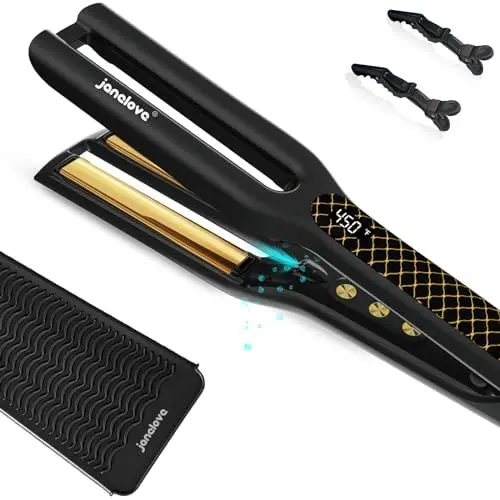 Produktbild: janelove Ionen Glätteisen mit Silikonbeutel, 4x10mm Titan-platten Breit Haarglätter für 2x Effizienter, 80°C-230°C Glätteisen für Dickes haar, mit LCD-Display - Schwarz