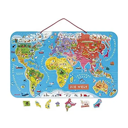 Produktbild: Janod Puzzle Weltkarte - Magnetische Landkarte aus Holz, 92 Magnetische Puzzle-Teile - 70 x 43 cm - Deutsche Version - Lernspiel ab 7 Jahren, J05490