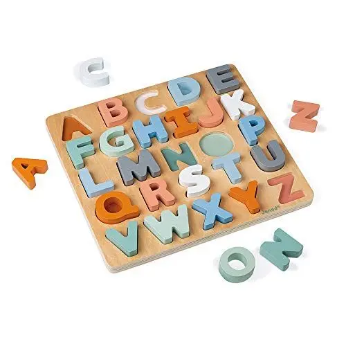 Produktbild: Janod - Alphabet-Puzzle aus Holz 26 Teile - Kollektion Sweet Cocoon - Baby- und Kleinkindspielzeug Farbe auf Wasserbasis - Erlernen des Alphabets und der Schrift - Ab 2 Jahren, J04412