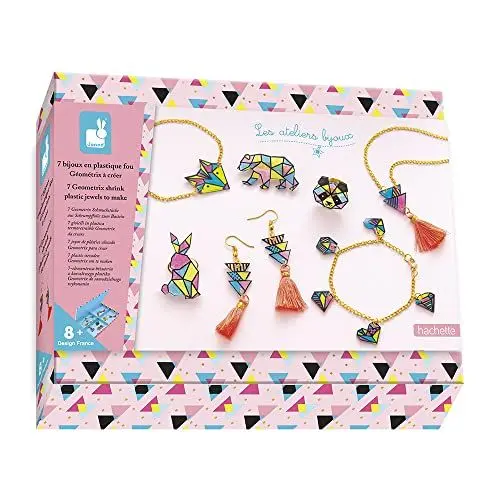 Produktbild: Janod - Bastelset mit 7 Schmuckstücken aus Schrumpffolie Geometrix - Les Ateliers Bijoux - Kreative Beschäftigung für Kinder - Geschicklichkeit + Konzentration - Ab 8 Jahren, J07996