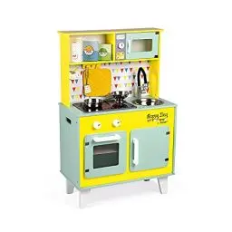 Produktbild: Janod - Big Wooden Play Kitchen - Happy Day - With Fridge and Microwave Oven, Sound and Light - Pretend Play Toy Kitchen - 7 Accessories Included - From 3 Years Old, J06564, L x B x H: 55 x 30 x 87 cm