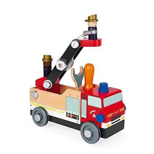 Produktbild: Janod - Brico'Kids Feuerwehrauto aus Holz zum Zusammenbauen - Bausatz mit 45 Teilen + 2 Feuerwehrmänner - Einfache Konstruktion - FSC-Zertifiziert - Kinder Holzspielzeug - Ab 3 Jahren, J06469