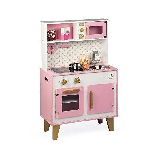 Produktbild: Janod - Candy Chic Big Wooden Cooker for Children - Equipped with Fridge and Microwave, Sound and Light - Pretend Play - 6 Accessories Included - For children from the Age of 3, J06554, Pink and White