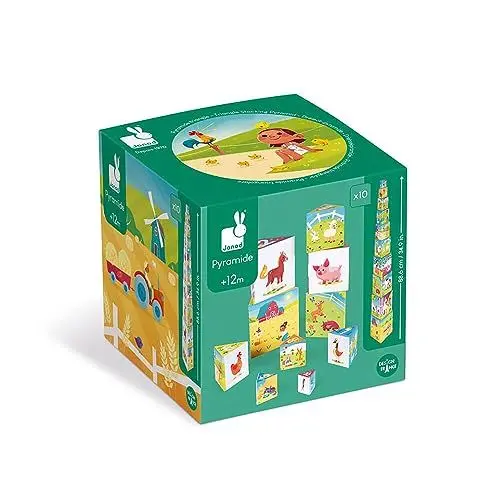 Produktbild: Janod - Dreieckige Pyramide Das Leben auf dem Bauernhof - Baby- und Kleinkindspielzeug - Spielzeug zum Stapeln und Stecken - Erlernen der Größen- und Zahlenbegriffe - Ab 1 Jahr, J02651
