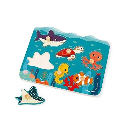 Produktbild: Janod - First Age Knopf-Puzzle aus Holz mit 6 Teilen - frühes Lernspielzeug - fördert die Feinmotorik - WWF-Partnerschaft - FSC-zertifiziert und Farben auf Wasserbasis - ab 18 Monaten, J08619