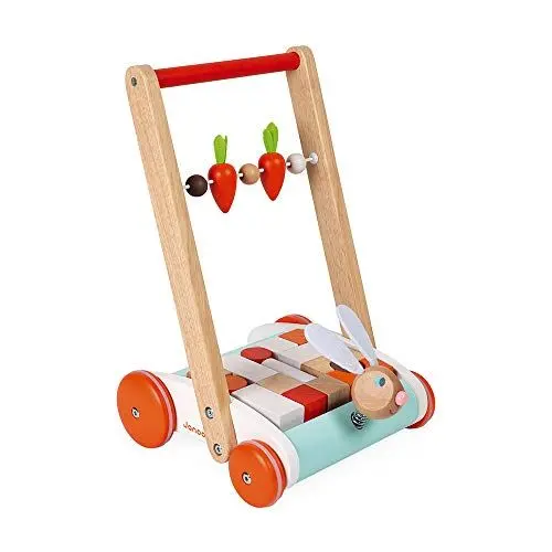 Produktbild: Janod - Holzwagen Hase - Holz Lauflernwagen - Wackelnder Hasenkopf auf Feder, Karotten Abakus - Mit 19 Holzbausteinen - Kinderspielzeug - Ab 1 Jahr, J08251