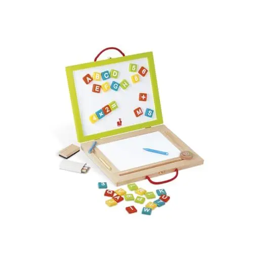 Produktbild: Janod - Kinder-Holzspielzeug 4-in-1-Tafel, Zaubertafel für diverse Aktivitäten, mit Zubehör und 42 Magneten, Lesen und Schreiben lernen, ab 3 Jahren, J05014