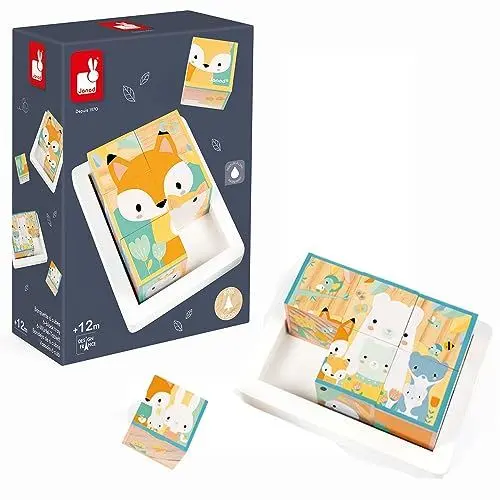 Produktbild: Janod - Körbchen mit 6 Würfeln aus Massivholz Baby - Kollektion Pure - Baby- und Kleinkindspielzeug - Entwicklung der Feinmotorik Farbe auf Wasserbasis - Ab 1 Jahr, J05158, Blau