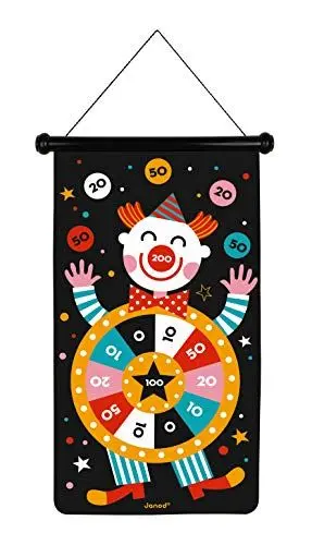 Produktbild: Janod - Magnetisches Dartspiel mit Zirkus-Motiv, doppelseitig, Geschicklichkeitsspiel, zum Erlernen von Agilität und Konzentration, 6 Pfeile, ab 4 Jahren, J02074