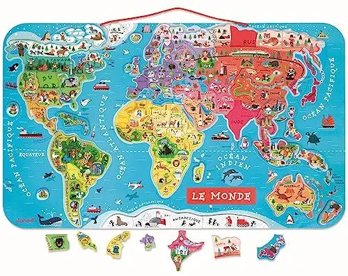 Produktbild: Janod - Magnetisches Weltkarten-Puzzle aus Holz, 92 magnetische Teile, 70 x 43 cm, französische Version, Lernspiel für Kinder ab 7 Jahren, J05500 Metallisches Silber