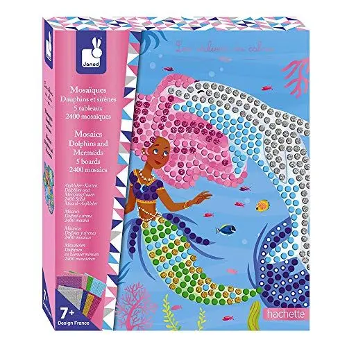 Produktbild: Janod - Mosaik-Set Delfin- und Meerjungfrauen - Les Ateliers du Calme - Set für kreative Freizeitbeschäftigungen für Kinder - Entwicklung von Feinmotorik und Konzentration - Ab 7 Jahren, J07961