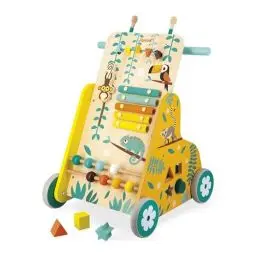 Produktbild: Janod - Multi-Aktivitätswagen Tropik - Laufwagen aus Holz - Lernspielzeug mit 6 Aktivitäten - Leise Räder und Feststellschraube - FSC-zertifiziert - Wasserfarbe - Ab 1 Jahr, J08269
