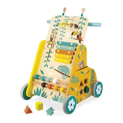 Produktbild: Janod - Multi-Aktivitätswagen Tropik - Laufwagen aus Holz - Lernspielzeug mit 6 Aktivitäten - Leise Räder und Feststellschraube - FSC-zertifiziert - Wasserfarbe - Ab 1 Jahr, J08269