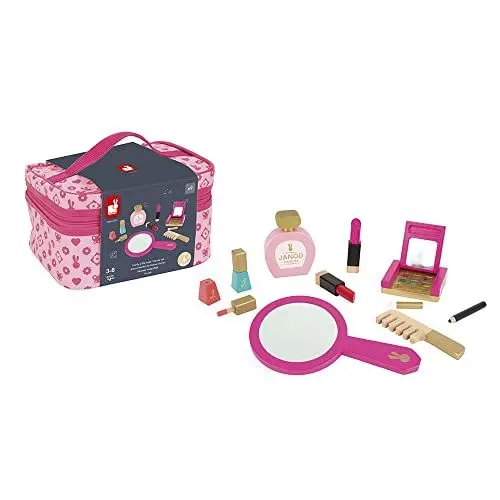 Produktbild: Janod - P'tite Miss Vanity Case for Children - 9 Solid Wood Accessories Included - Pretend Play Toy Beauty and Cosmetic, J06514, Pink, y3, Einfarbig