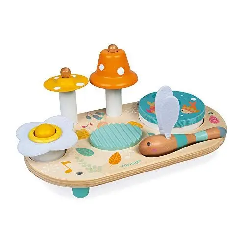 Produktbild: Janod - Pure Musiktisch mit 5 Funktionen - Kinder Spieltisch aus Holz - Musikalisches Holzspielzeug - Mit Zimbel, Glocke, Waschbrett und Tamburin - Baby Spielzeug ab 1 Jahr, J05164