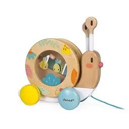 Produktbild: Janod - Pure Nachziehtier Schnecke - Holzspielzeug mit Xylophon und Tamburin - Musikalisches Montessori Lernspielzeug - Wasserbasierte Farben - Baby Spielzeug ab 1 Jahr, J05159
