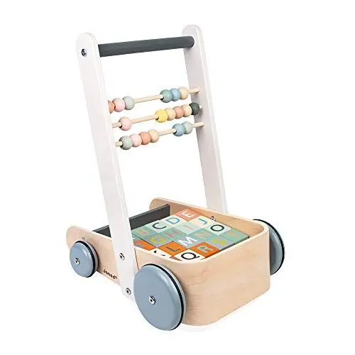 Produktbild: Janod - Sweet Cocoon ABC Buggy - Baby Lauflernwagen aus Holz mit 20 Alphabet Bausteinen mit Zahlen + Abakus - Farben auf Wasserbasis - Ab 1 Jahr, J04408