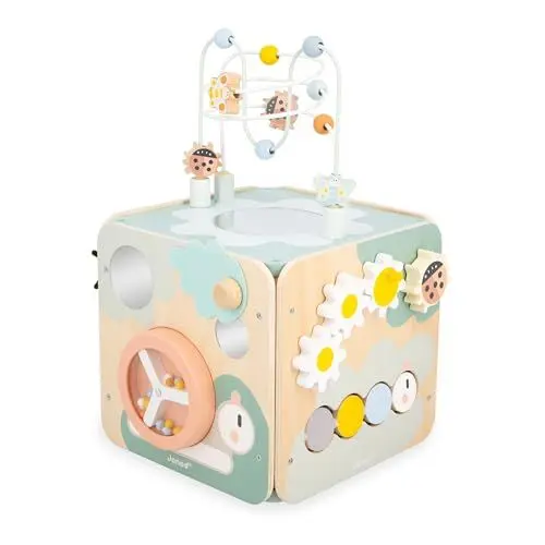 Produktbild: Janod - Sweet Cocoon Großer Multiaktivitätswürfel - 11 Aktivitäten für Kinder - Entwicklungsspielzeug - Entwicklung der Feinmotorik - Spielzeug aus FSC-Holz - Ab 18 Monaten, J04060
