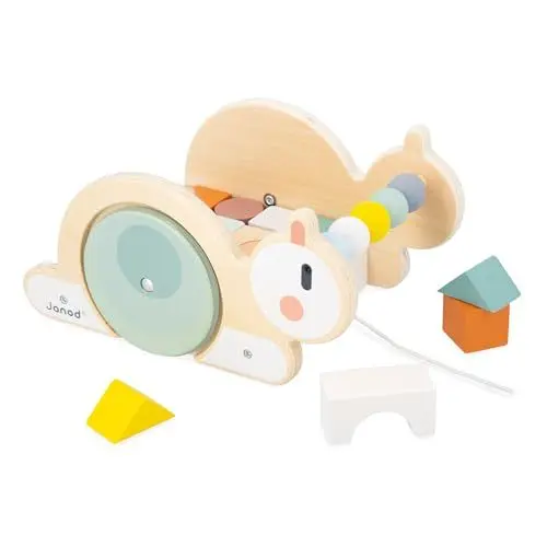 Produktbild: Janod - Sweet Cocoon Schneckenwagen mit Klötzen Kleinkindspielzeug - Handgeschicklichkeit und Vorstellungskraft - Nachziehspielzeug + 16 Bauklötze - Spielzeug aus FSC-Holz - Ab 18 Monaten, J04054
