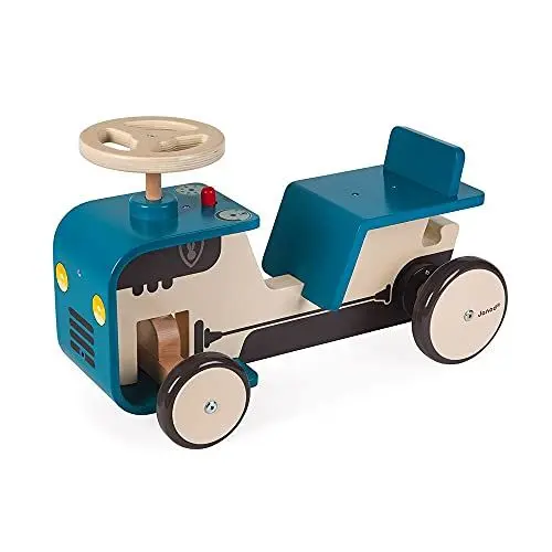 Produktbild: Janod - Traktor Rutscher aus Holz - Baby Rutschauto - Mit Lenkrad, Integrierter Hupe und Anhängerkupplung - Geräuscharme Räder - Holzspielzeug - Ab 18 Monaten, J08053
